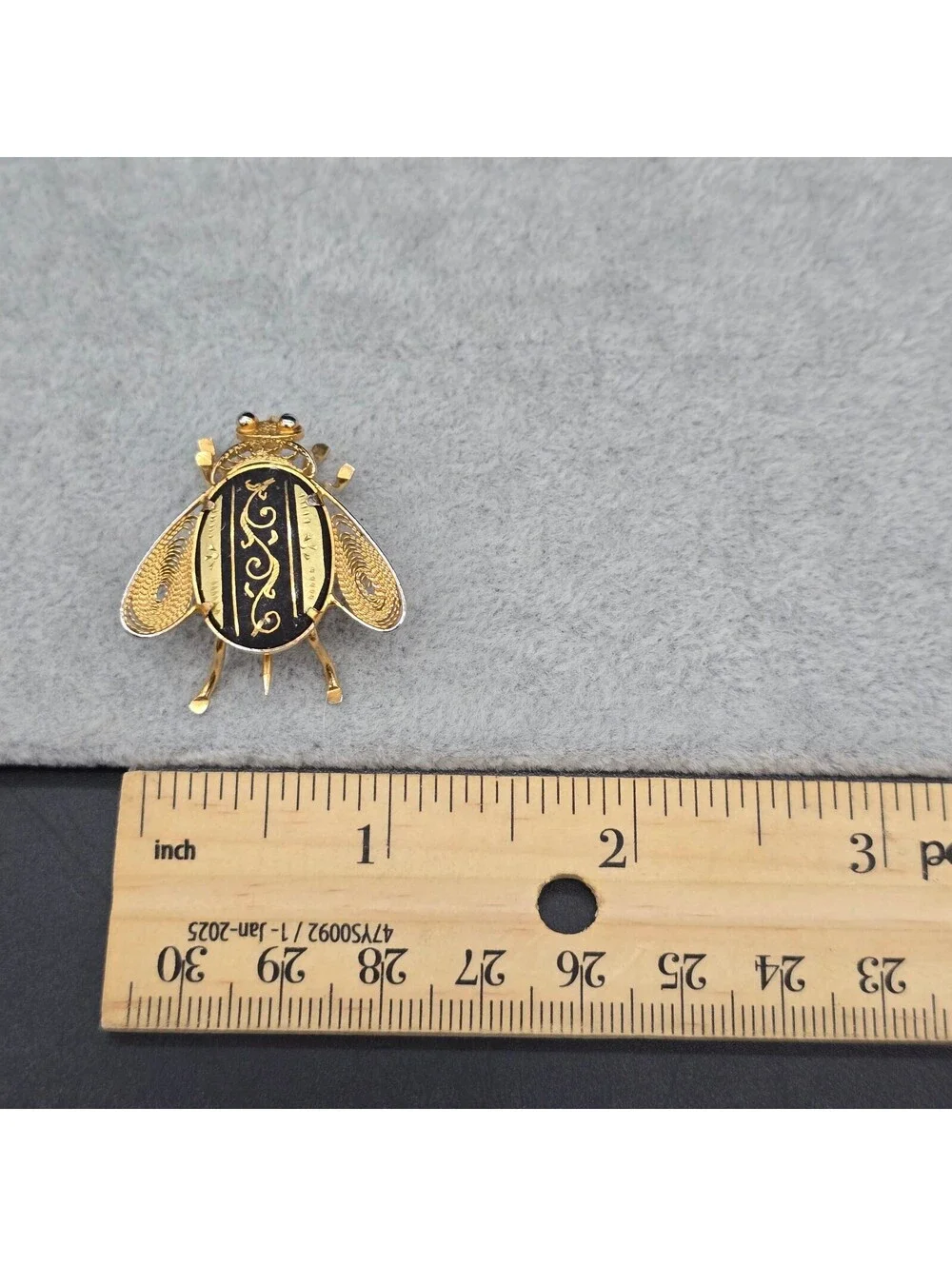 Vintage 1940s Spanish Damascene Fly Brooch Pin Toledo Gold Inlay Filigree Bug